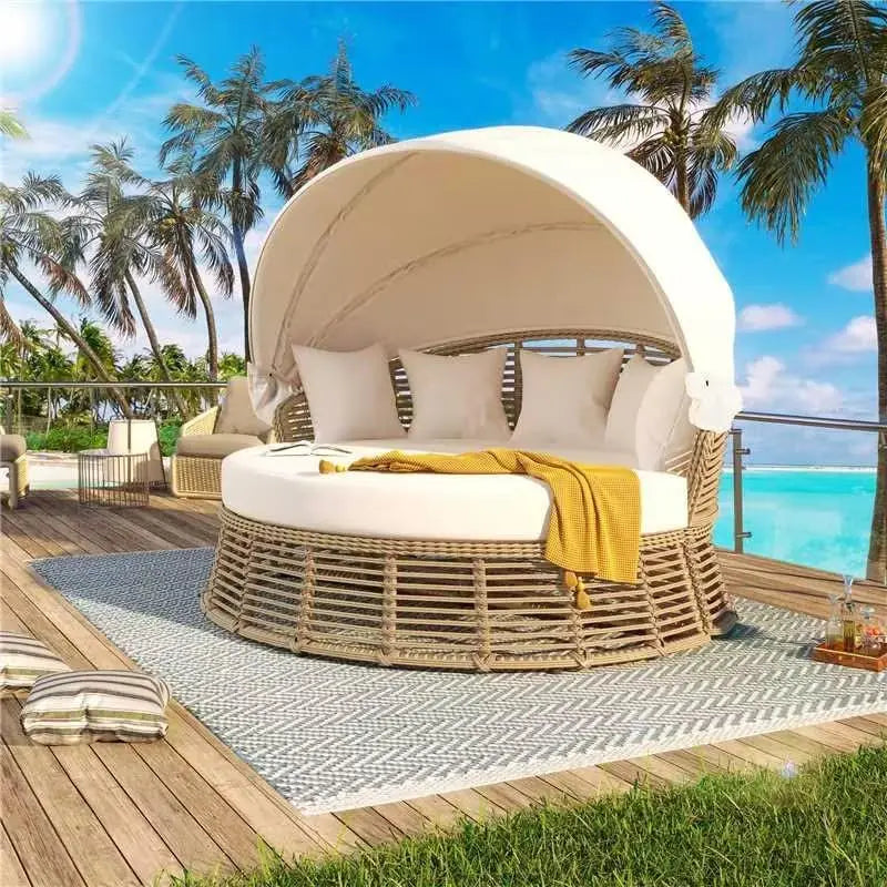 Round Rattan Patio Daybed with Canopy