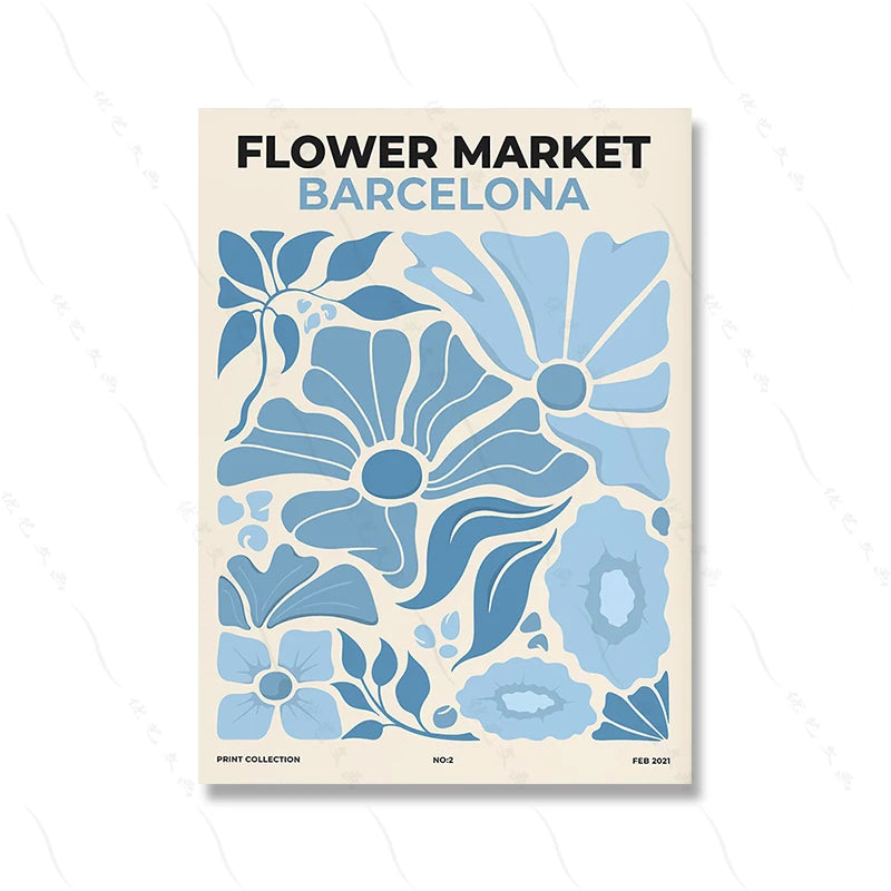 Blue Gallery Wall Art Set – Flower Market & Abstract Prints