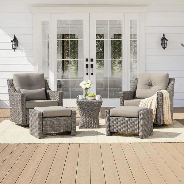 5-Piece Wicker Patio Furniture Set with Swivel Rockers & Ottomans