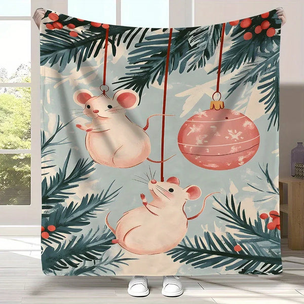 Vintage Christmas Mice Flannel Throw Blanket