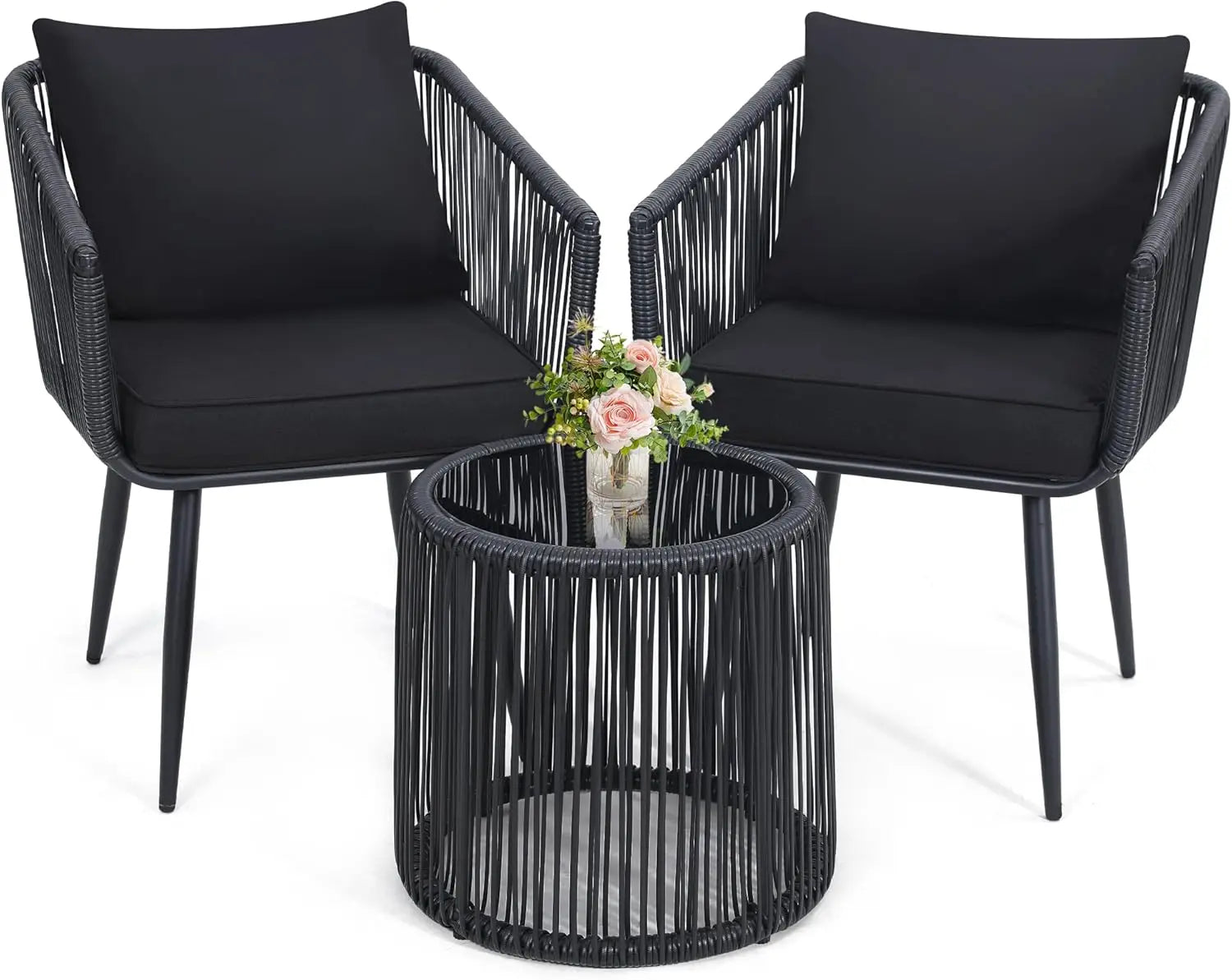 4 Piece Patio Bistro Outdoor Furniture Set, Wicker Sofa, 2 Rattan Chairs, and Table, Backyard Conversation Set, All Weather