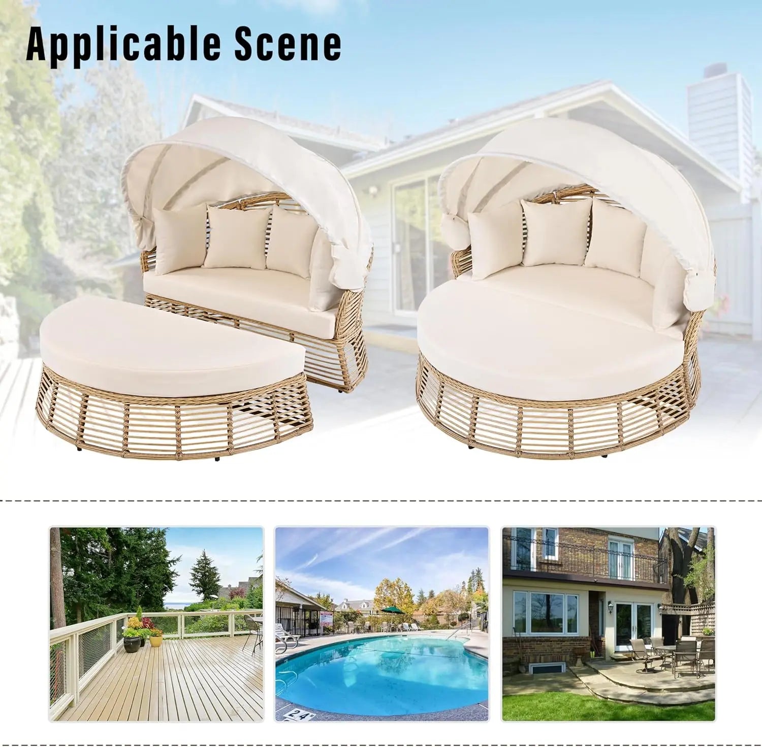 Round Rattan Patio Daybed with Canopy