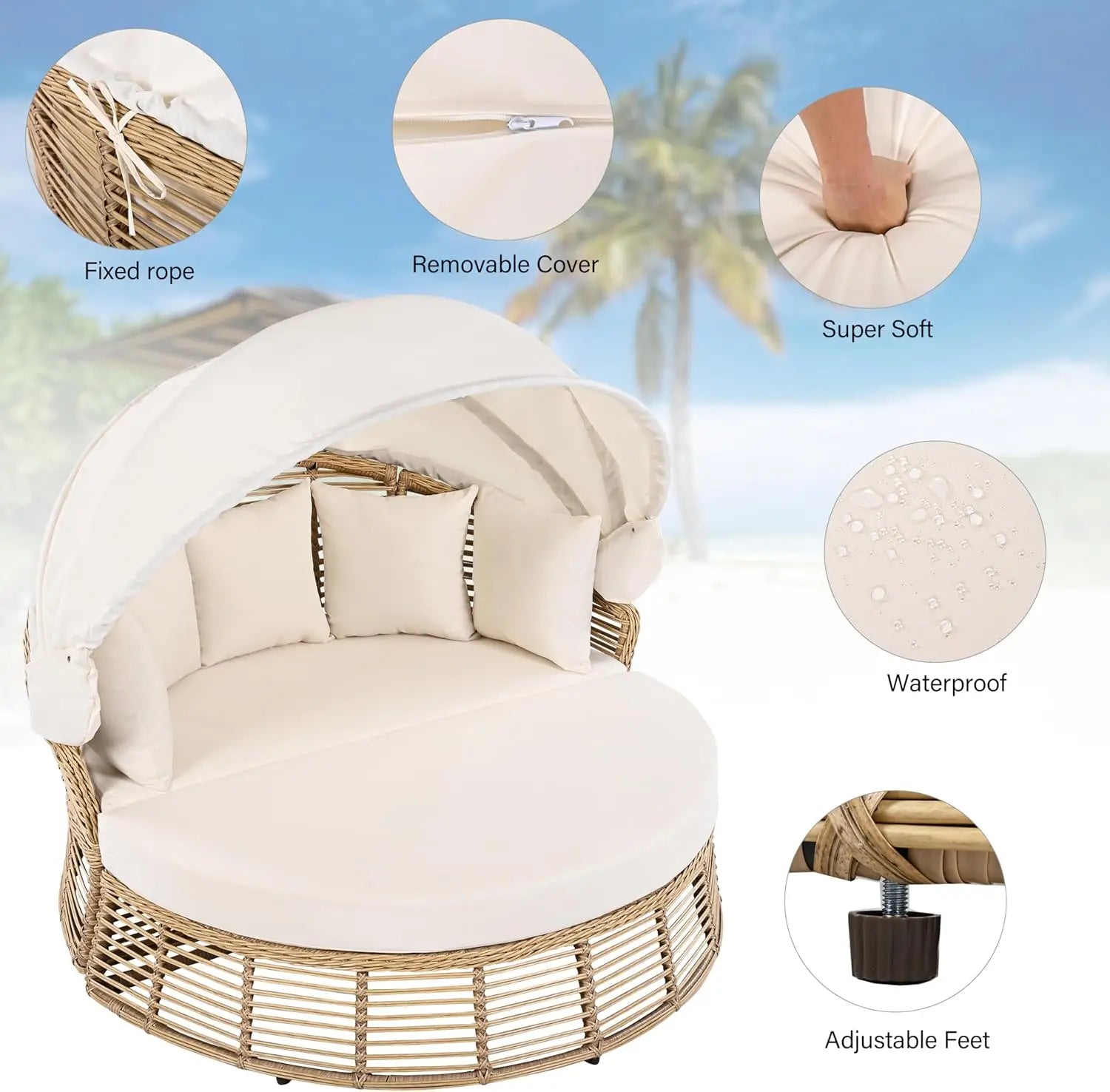 Round Rattan Patio Daybed with Canopy