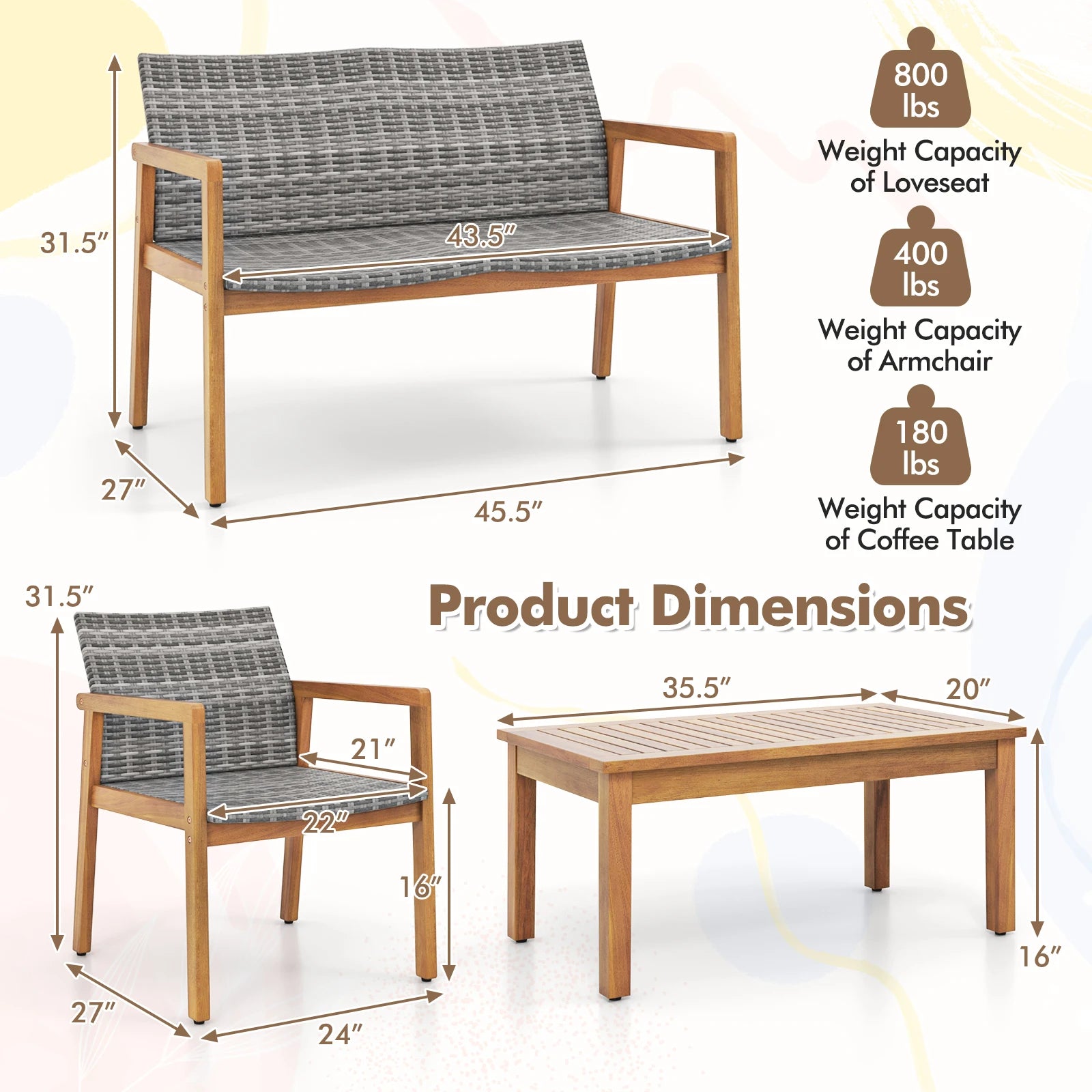 4-Piece Acacia Wood Outdoor Furniture Set with Rattan Seats