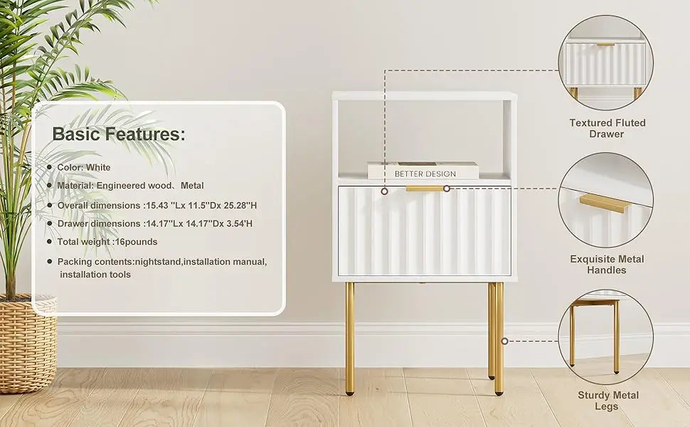 Modern White Nightstand with Gold Frame and Drawer