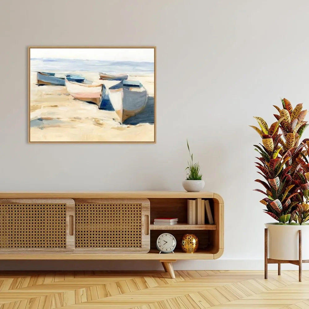 Framed Canvas Wall Art – Beached Boats by Ethan Harper