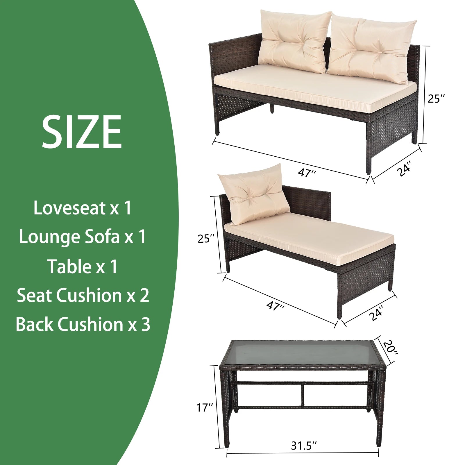 3-Piece Patio Rattan Furniture Set with Khaki Cushions