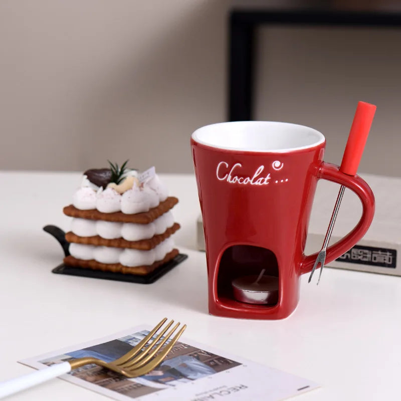 130ML Ceramic Candle Mug – Chocolate & Cheese Melting Cup with Fork