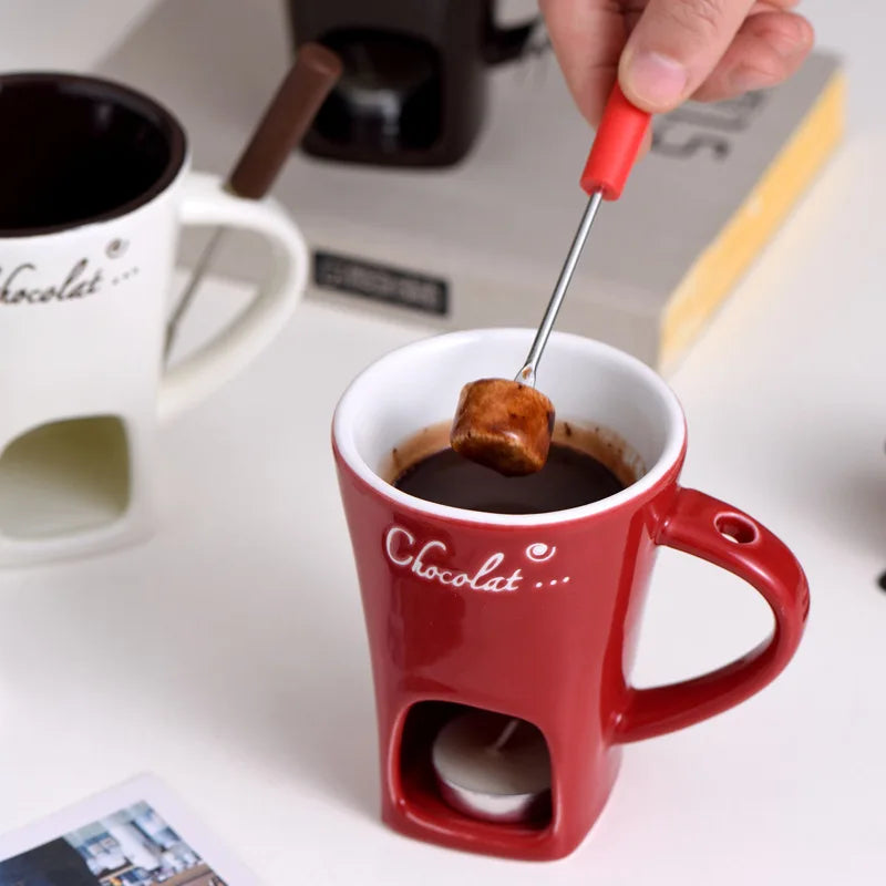 130ML Ceramic Candle Mug – Chocolate & Cheese Melting Cup with Fork