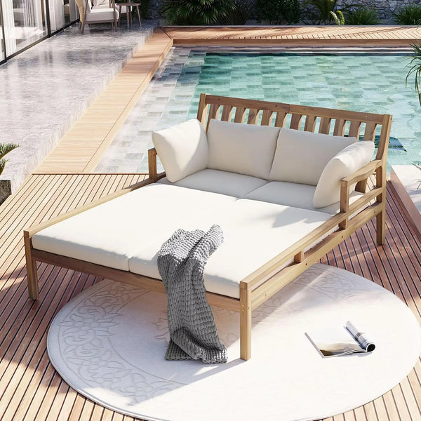 Wooden Outdoor Daybed with Pillows – Gray & Beige