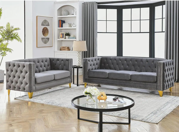 Velvet Living Room Sofa Set – Loveseat & 3-Seater with Tufted Back & Rivet Detail
