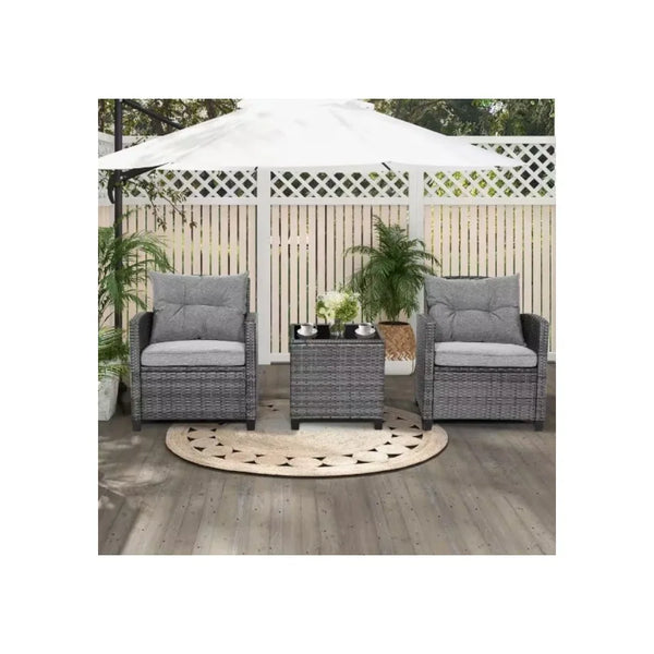 3-Piece Wicker Patio Set with Gray Cushions