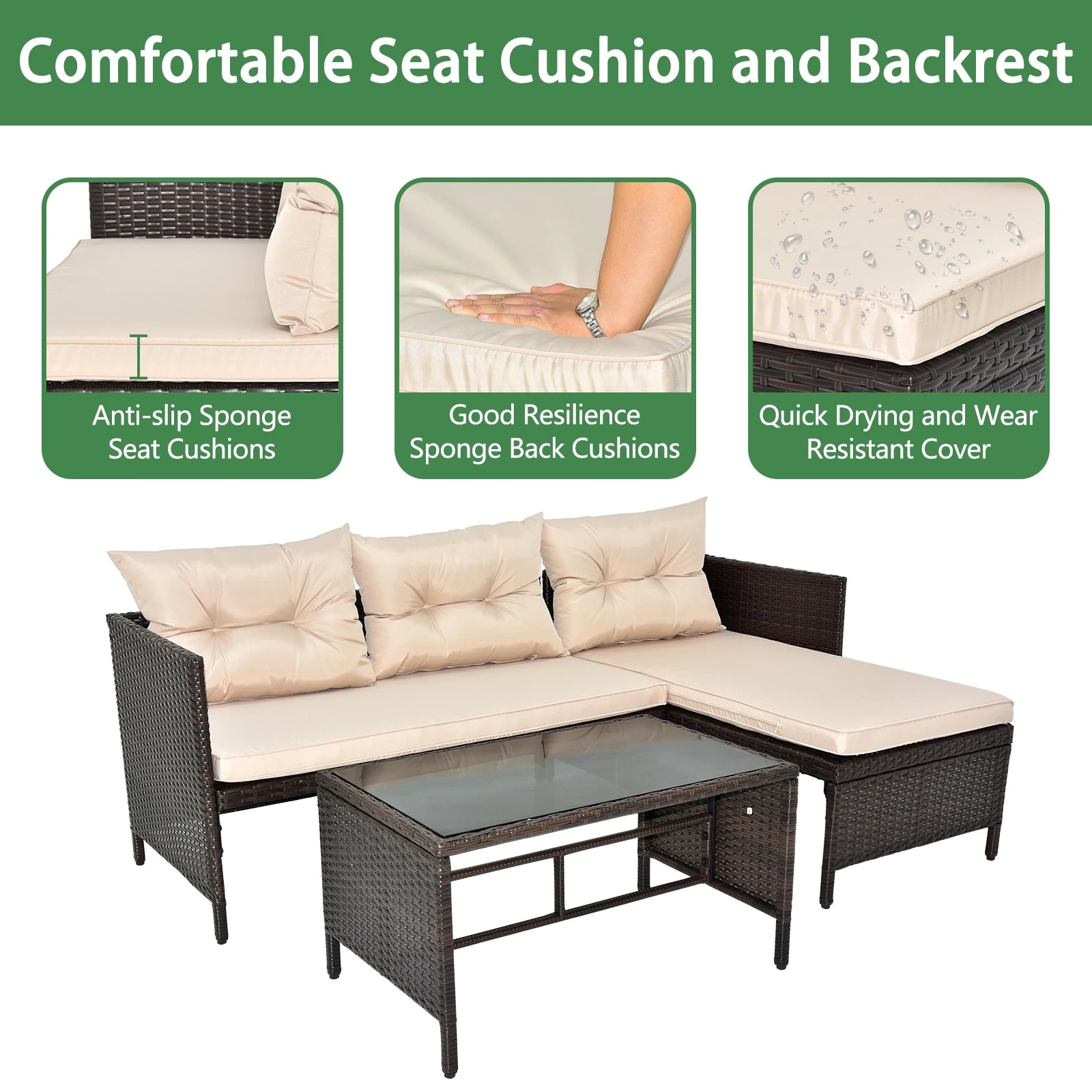 3-Piece Patio Rattan Furniture Set with Khaki Cushions