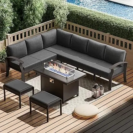 8-Seat Aluminum Patio Furniture Set with Fire Pit Table