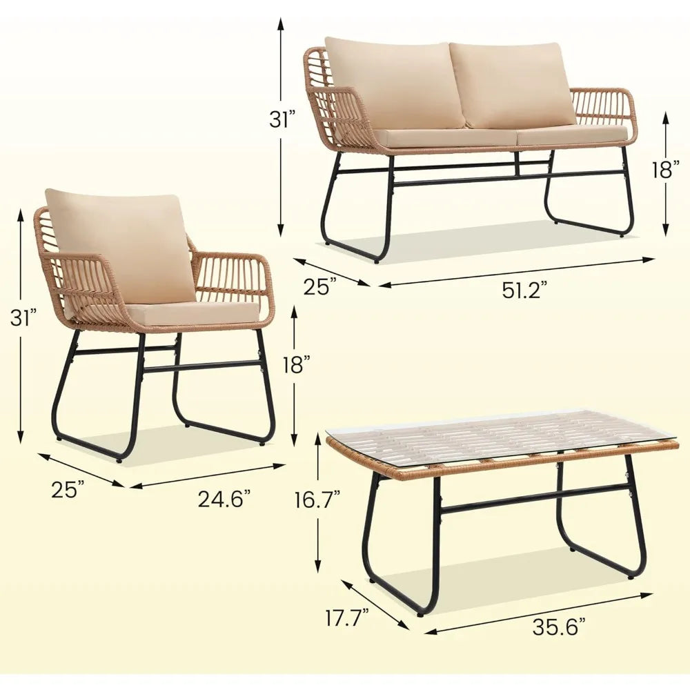 4 Piece Patio Bistro Outdoor Furniture Set, Wicker Sofa, 2 Rattan Chairs, and Table, Backyard Conversation Set, All Weather