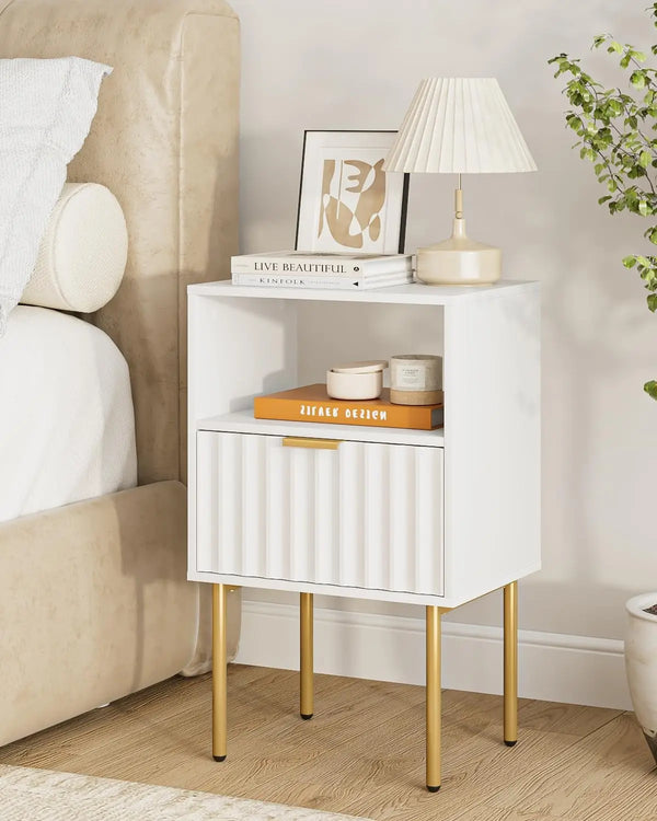 Modern White Nightstand with Gold Frame and Drawer
