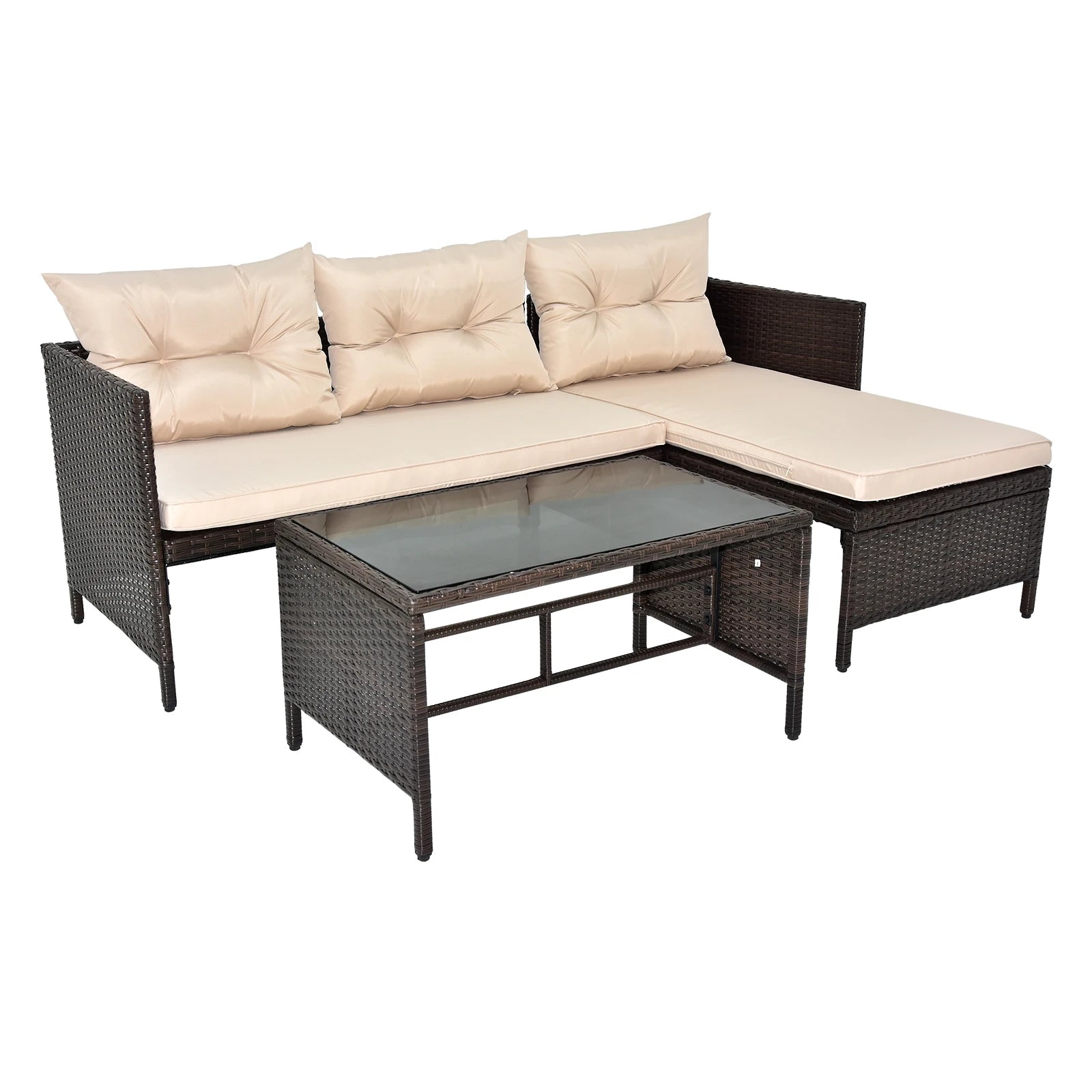3-Piece Patio Rattan Furniture Set with Khaki Cushions