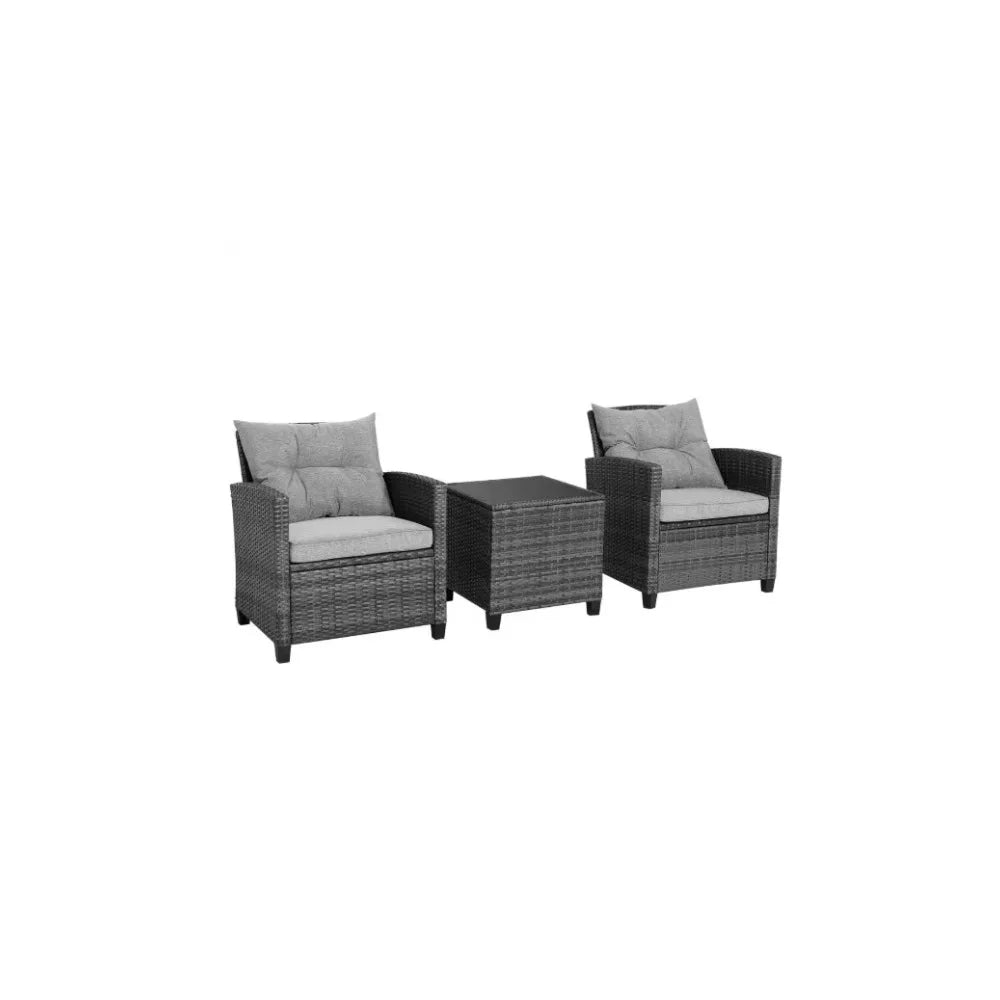 3-Piece Wicker Patio Set with Gray Cushions