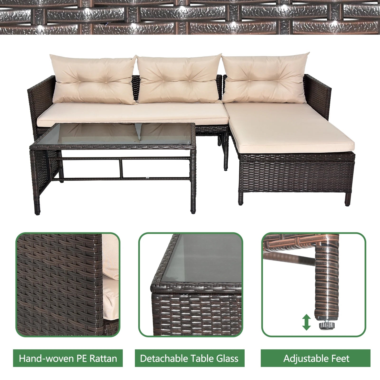 3-Piece Patio Rattan Furniture Set with Khaki Cushions