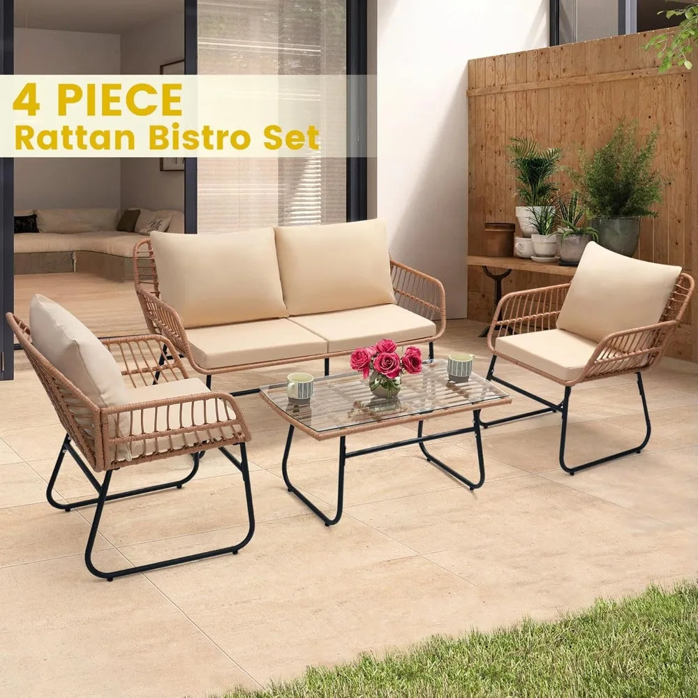 4 Piece Patio Bistro Outdoor Furniture Set, Wicker Sofa, 2 Rattan Chairs, and Table, Backyard Conversation Set, All Weather