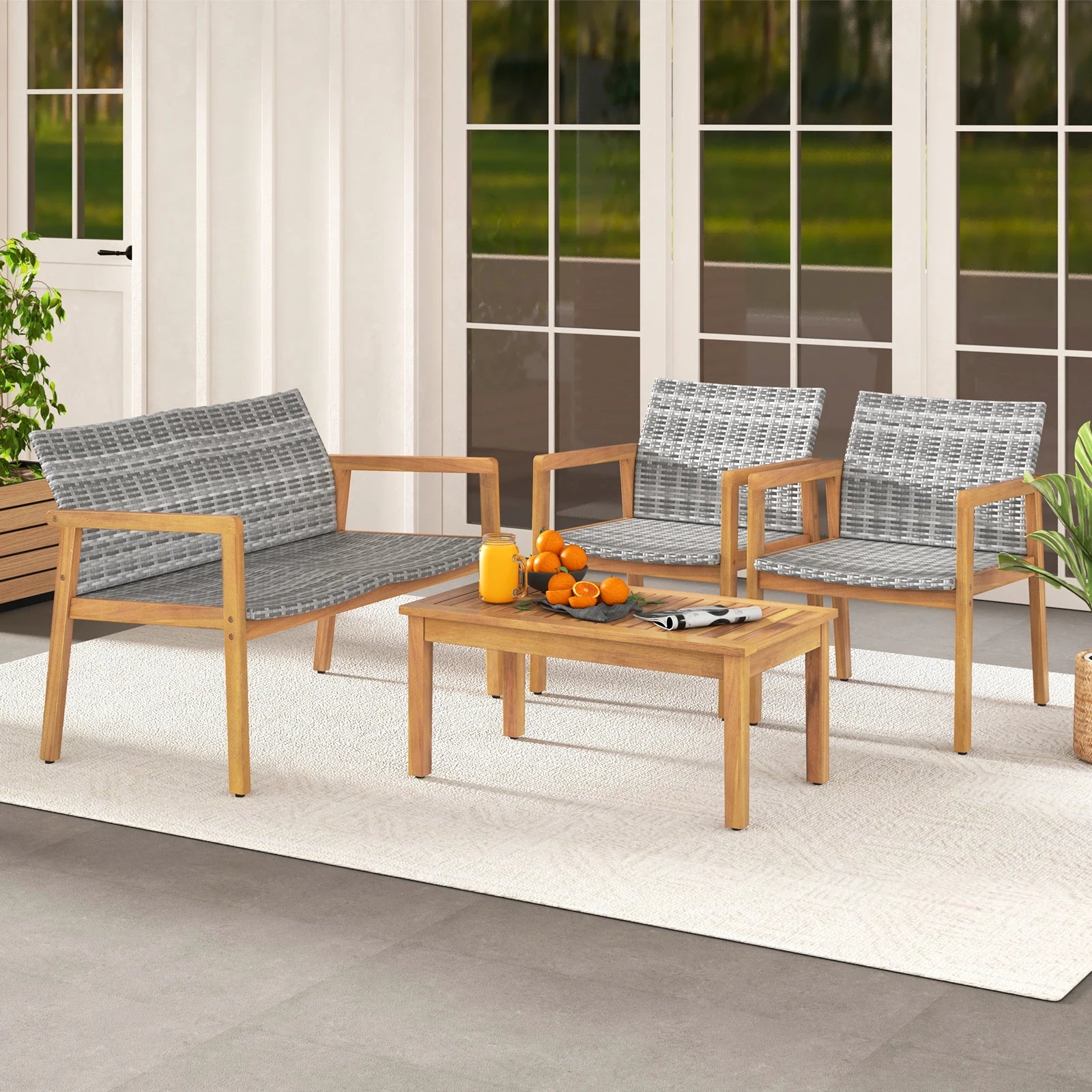 4-Piece Acacia Wood Outdoor Furniture Set with Rattan Seats