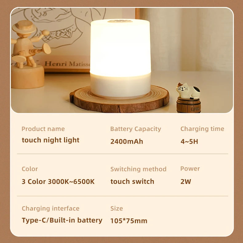 Touch Night Lamp with 3 Dimming Modes – USB Rechargeable