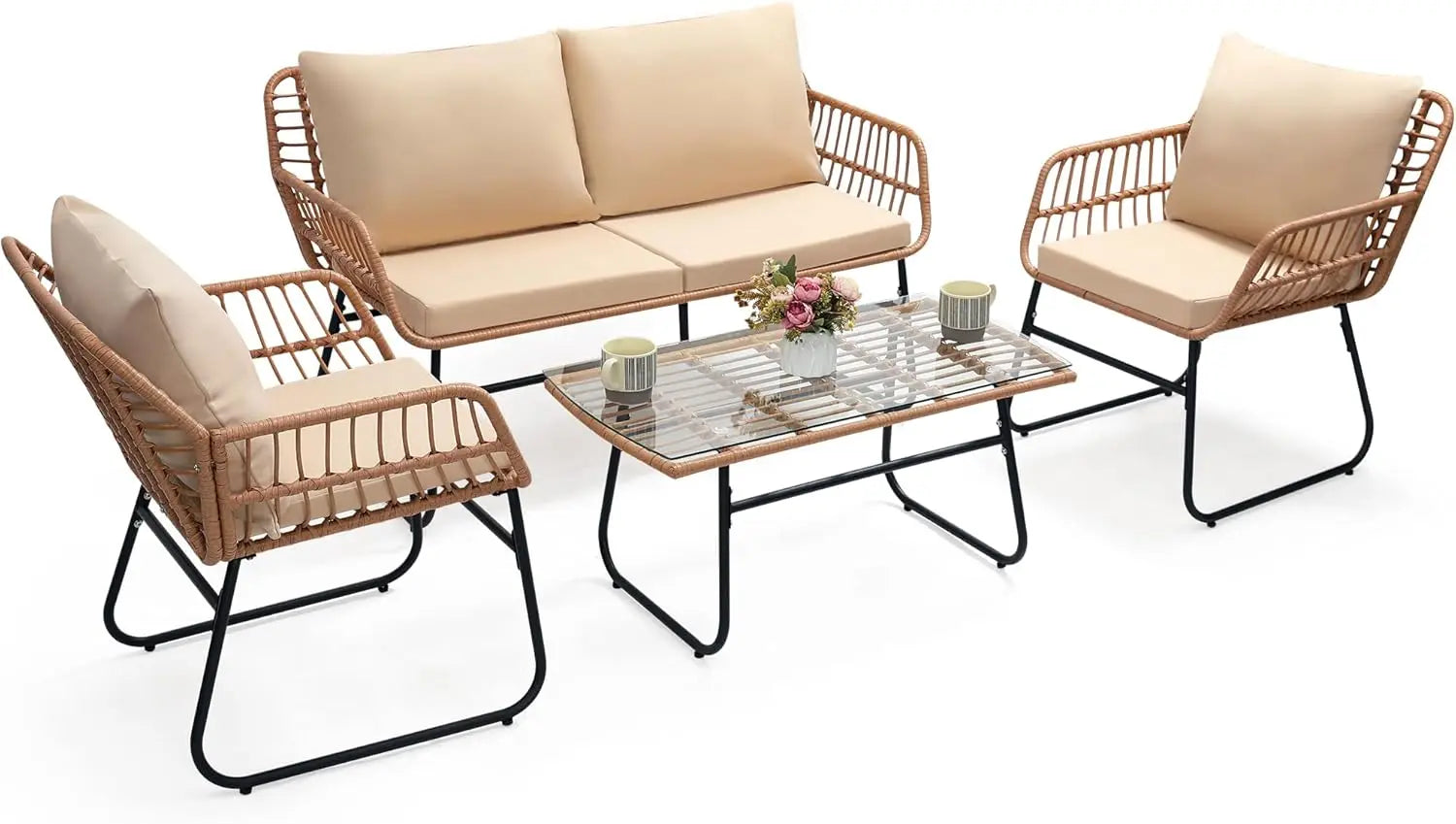 4 Piece Patio Bistro Outdoor Furniture Set, Wicker Sofa, 2 Rattan Chairs, and Table, Backyard Conversation Set, All Weather