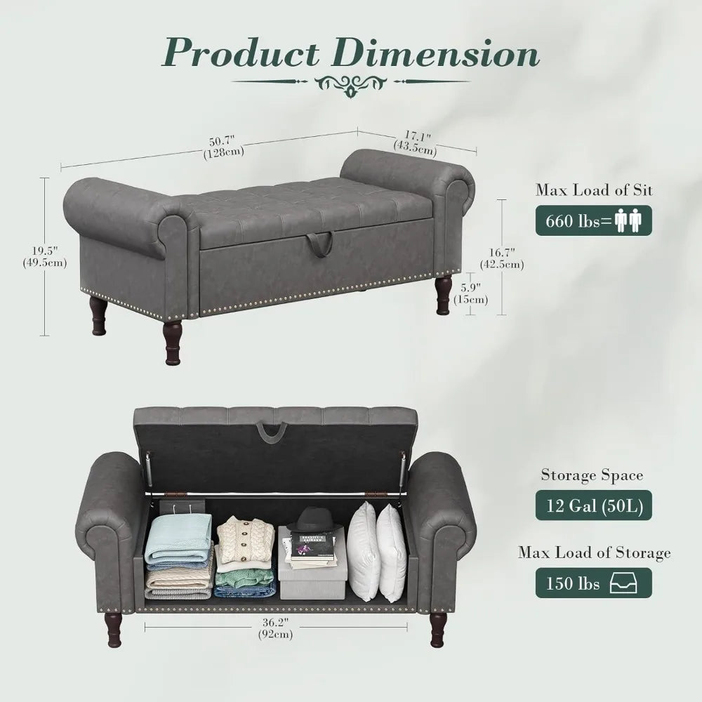 51” Tufted Faux Leather Storage Bench Ottoman