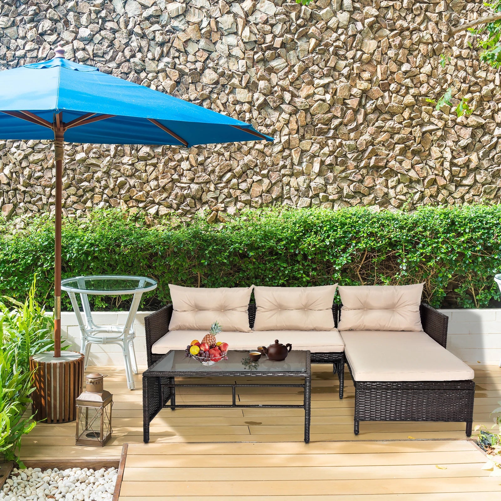 3-Piece Patio Rattan Furniture Set with Khaki Cushions