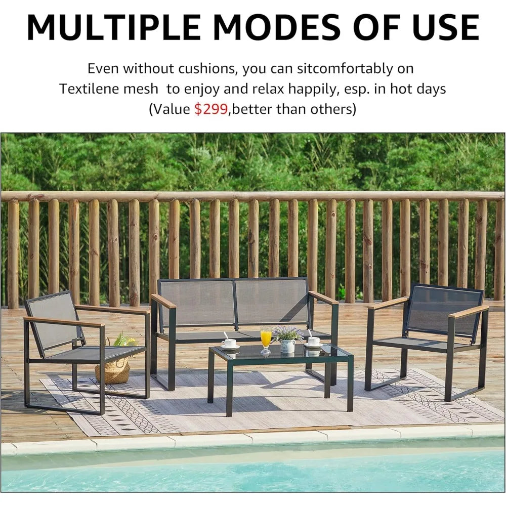4-Piece Outdoor Patio Furniture Set with Wooden Armrests