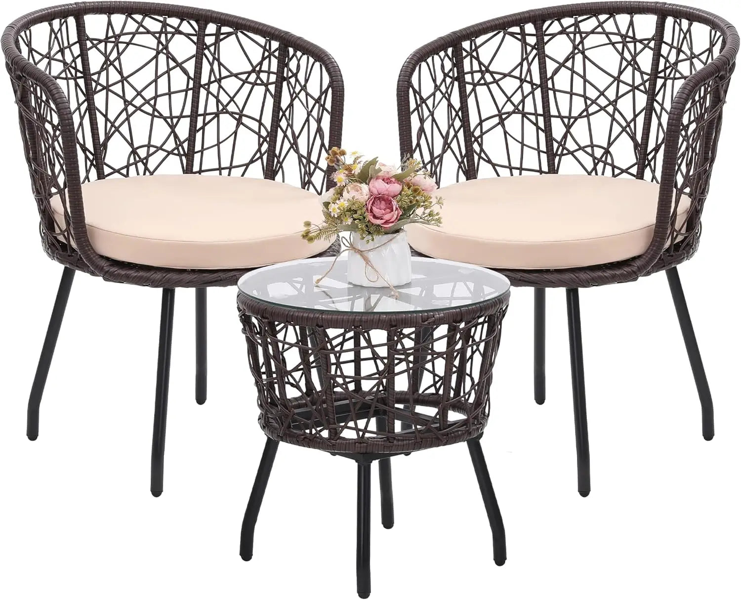 4 Piece Patio Bistro Outdoor Furniture Set, Wicker Sofa, 2 Rattan Chairs, and Table, Backyard Conversation Set, All Weather