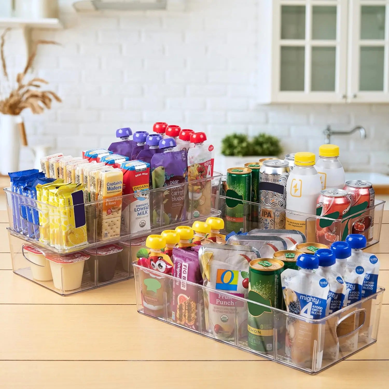 4-Pack XL Plastic Pantry Storage Bins with Dividers