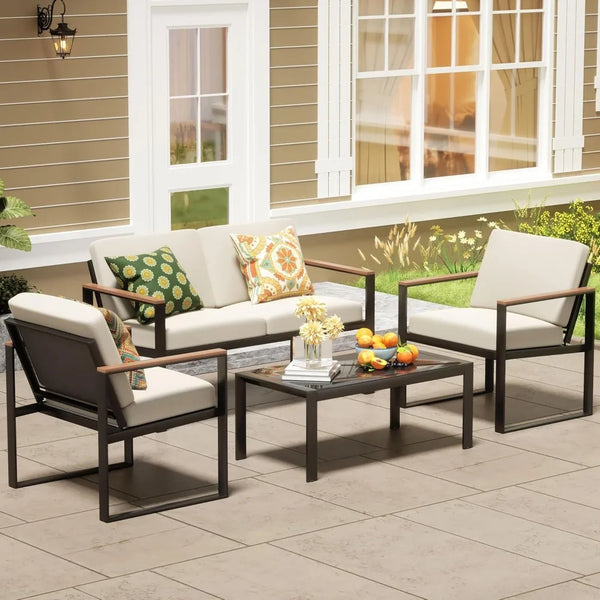 4-Piece Outdoor Patio Furniture Set with Wooden Armrests