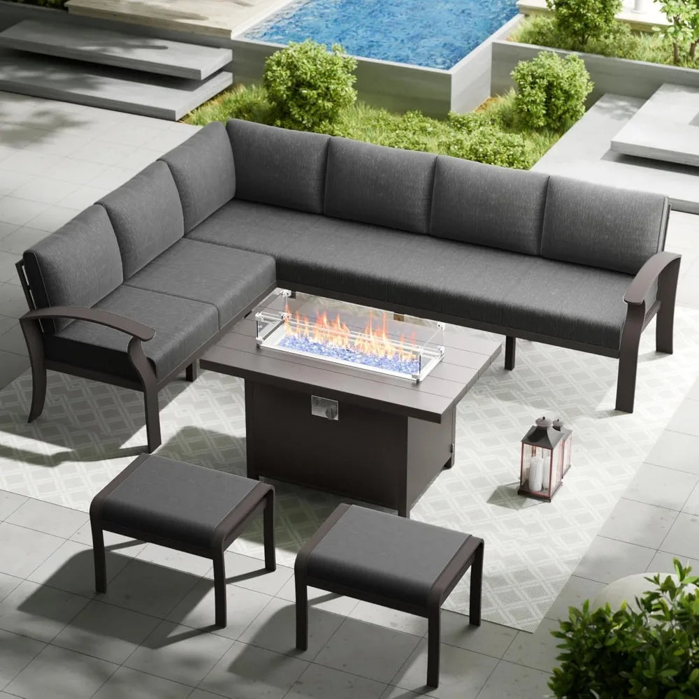 8-Seat Aluminum Patio Furniture Set with Fire Pit Table