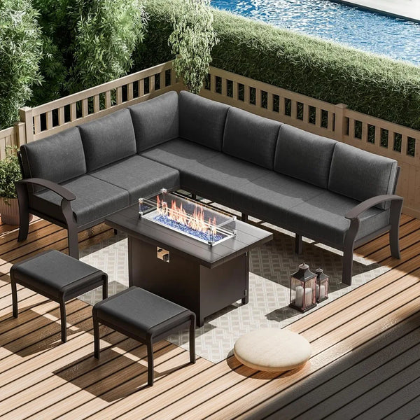 8-Seat Aluminum Patio Furniture Set with Fire Pit Table