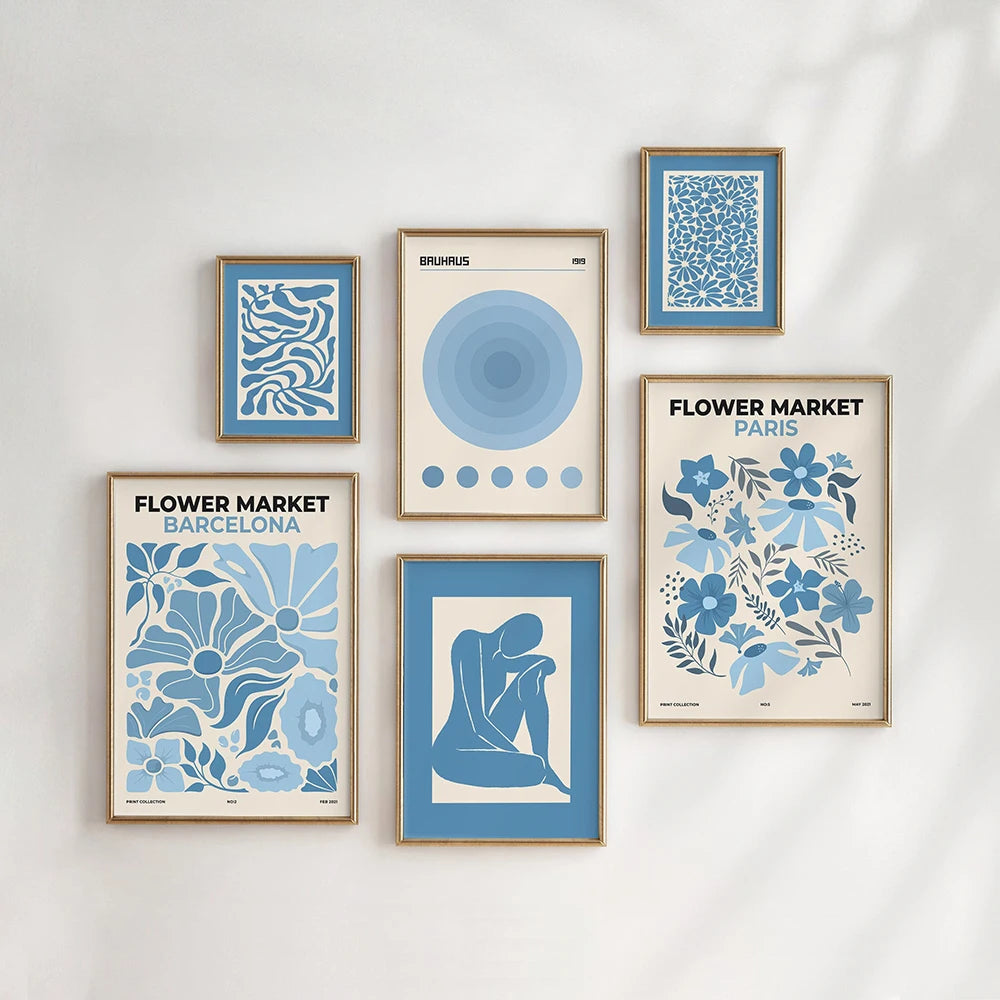 Blue Gallery Wall Art Set – Flower Market & Abstract Prints