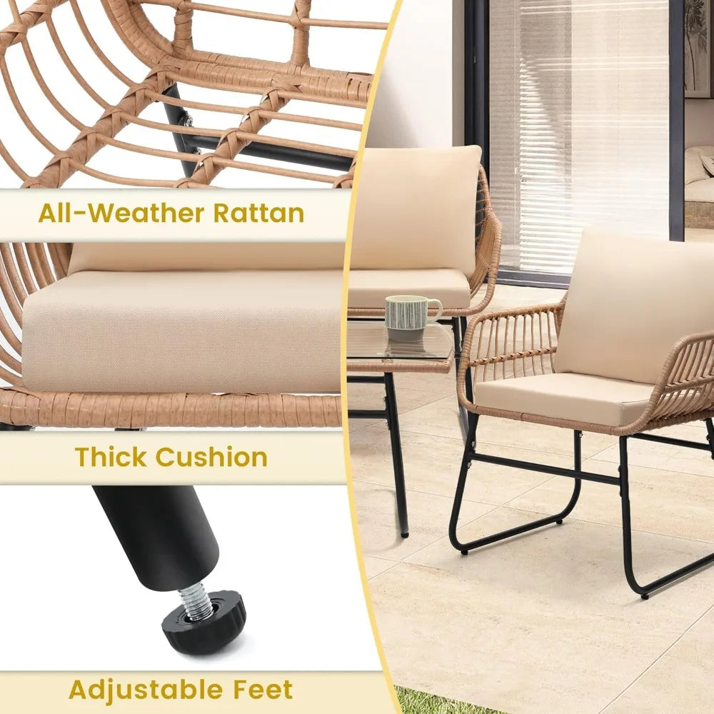 4 Piece Patio Bistro Outdoor Furniture Set, Wicker Sofa, 2 Rattan Chairs, and Table, Backyard Conversation Set, All Weather