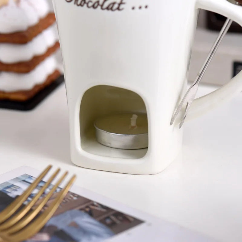 130ML Ceramic Candle Mug – Chocolate & Cheese Melting Cup with Fork