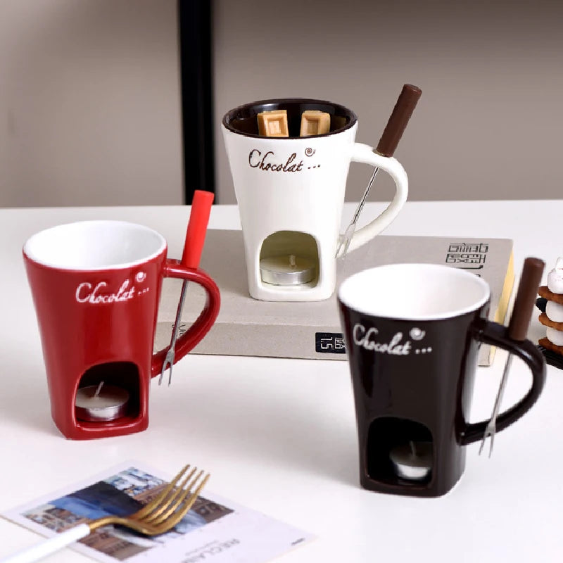 130ML Ceramic Candle Mug – Chocolate & Cheese Melting Cup with Fork