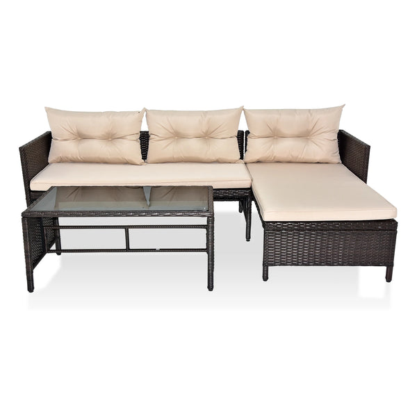 3-Piece Patio Rattan Furniture Set with Khaki Cushions