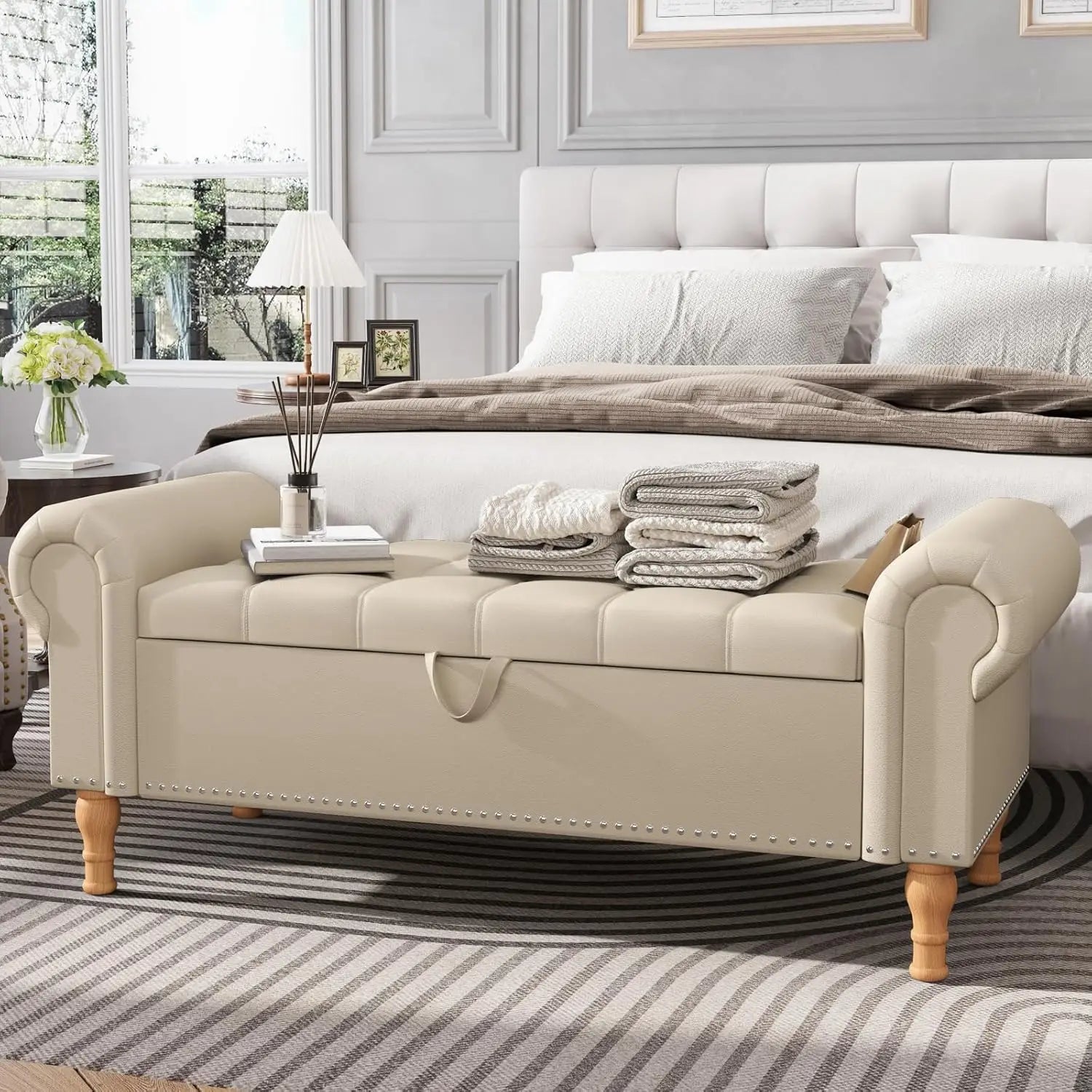51” Tufted Faux Leather Storage Bench Ottoman