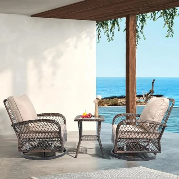 3-Piece Wicker Patio Bistro Set with Swivel Rockers