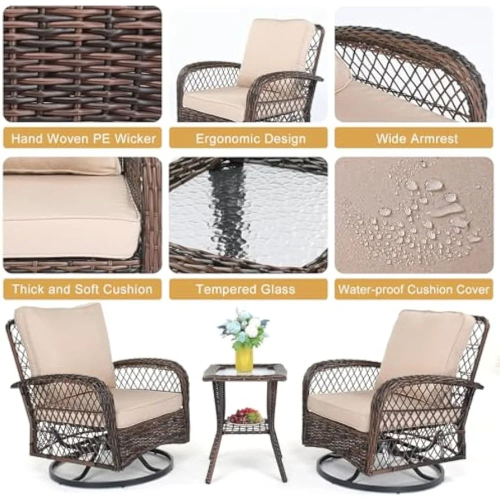 3-Piece Wicker Patio Bistro Set with Swivel Rockers