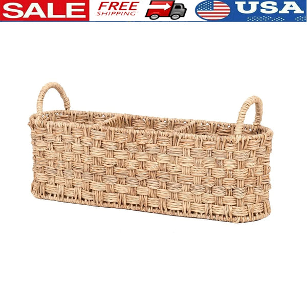 Beige Oval Rattan Utensil Caddy with Metal Frame