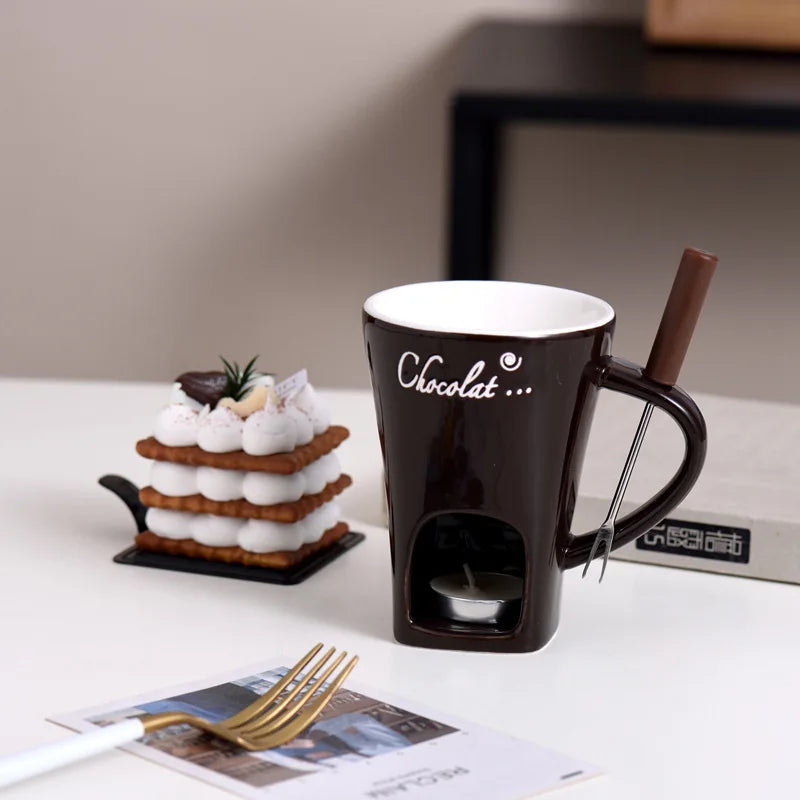 130ML Ceramic Candle Mug – Chocolate & Cheese Melting Cup with Fork