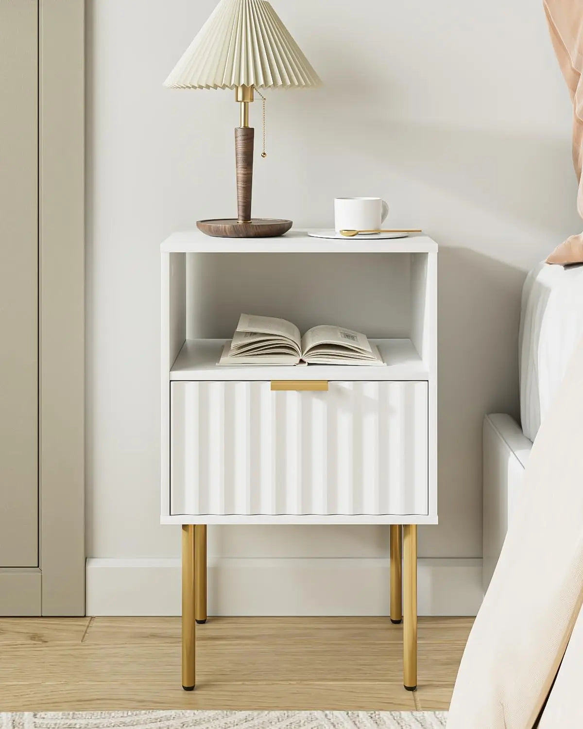 Modern White Nightstand with Gold Frame and Drawer