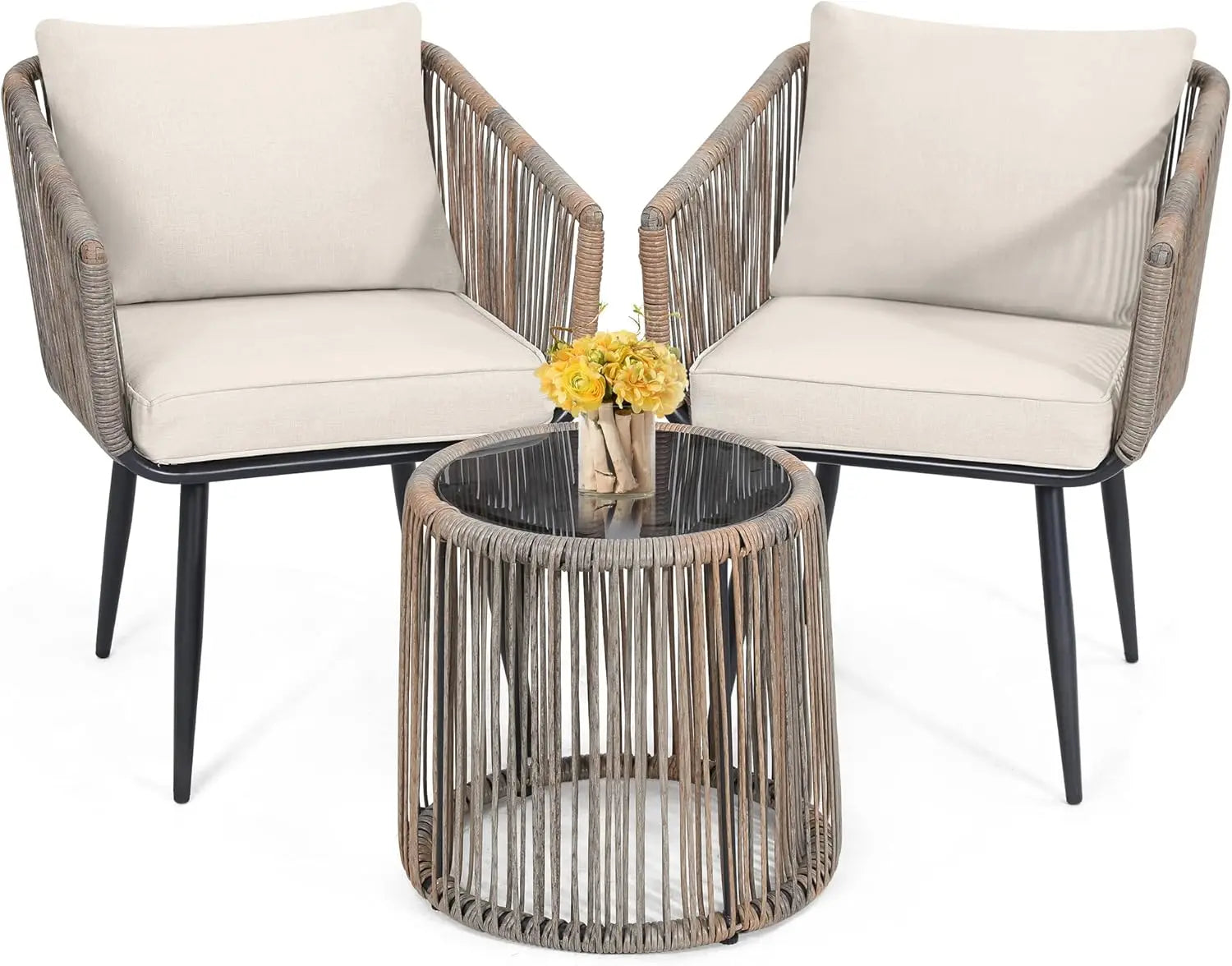 4 Piece Patio Bistro Outdoor Furniture Set, Wicker Sofa, 2 Rattan Chairs, and Table, Backyard Conversation Set, All Weather