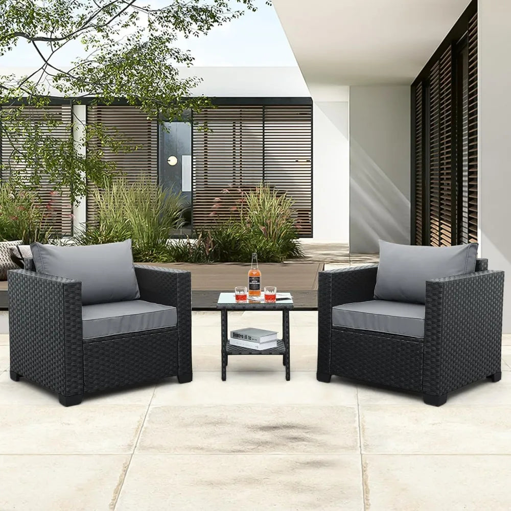 3-Piece Wicker Patio Set with Chairs & Glass Side Table