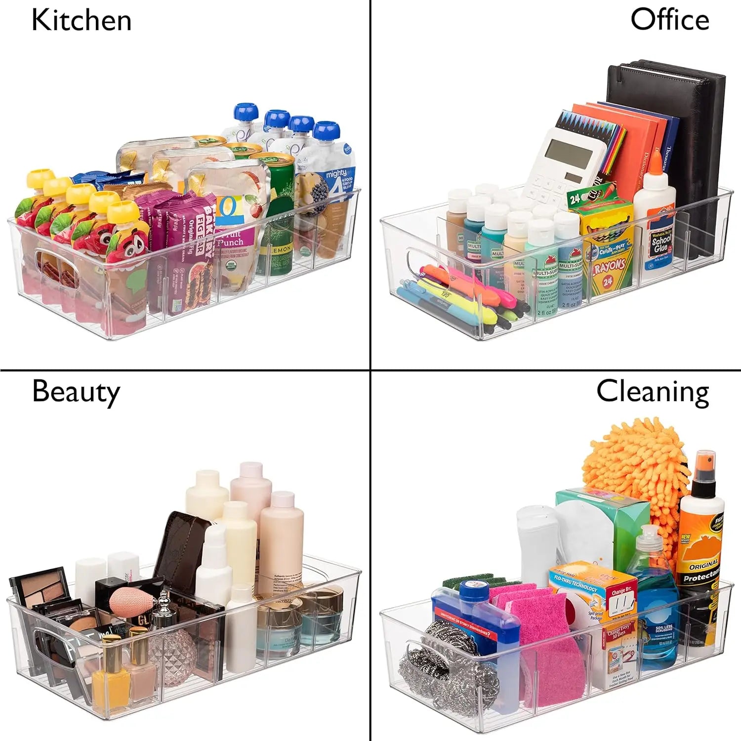4-Pack XL Plastic Pantry Storage Bins with Dividers