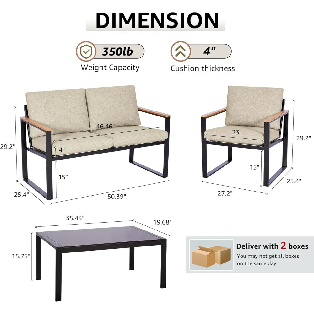 4-Piece Outdoor Patio Furniture Set with Wooden Armrests